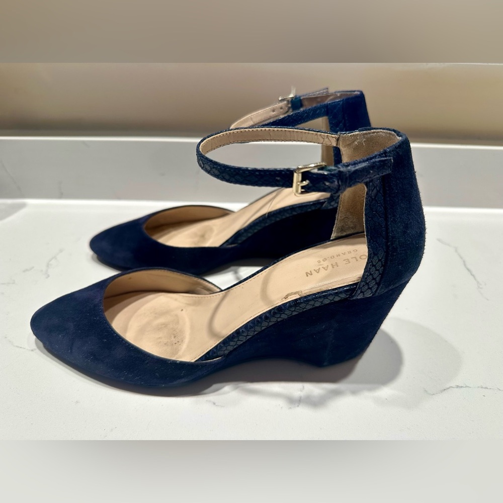 Cole Haan Navy Blue Suede Ankle-Strap Wedge Heels- size 8 - Picture 2 of 6